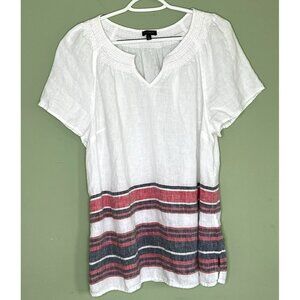 Talbots 100% Linen Top sz XL Smocked Embroidered Striped Beachy